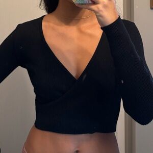 Brandy Melville Black Ribbed Wrap Crop Top